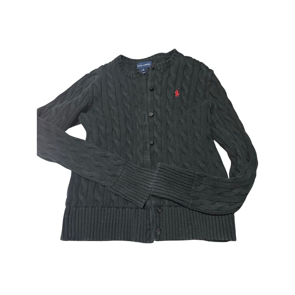 Ralph Lauren black M 8-10 cable knit cardigan euc sweater red horse